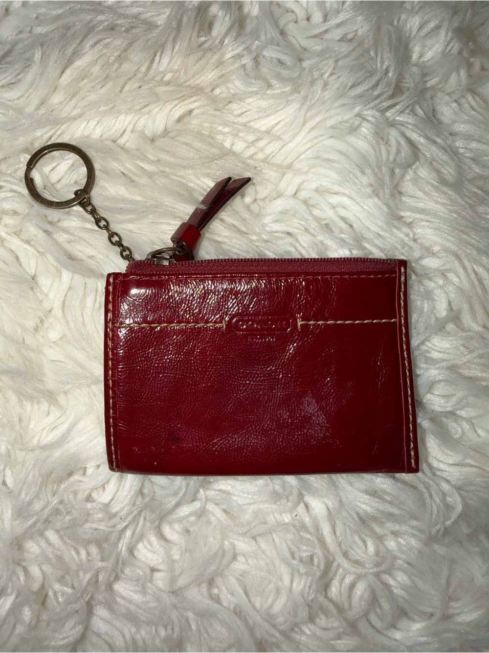 Coach Red Leather Triangle Zipper Coin Pouch Keychain